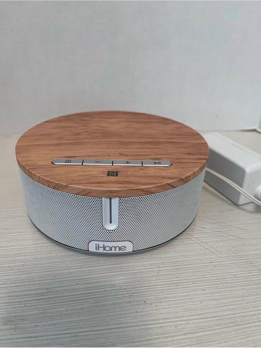 iHome Round Bluetooth Speaker with Wood-Top and White Mesh